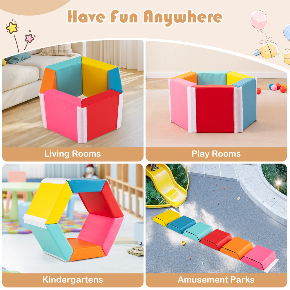 Hexagon kids ball pit foam climbing mat in multicolor, ideal for playrooms and kindergartens, promotes motor skills.