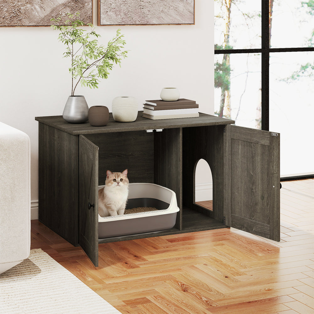 Hidden Cat Litter Box Enclosure Furniture with Divider-Oak - Gallery View 1 of 11