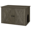 Hidden cat litter box enclosure in oak finish with dual doors, serving as a stylish side table for home decor.