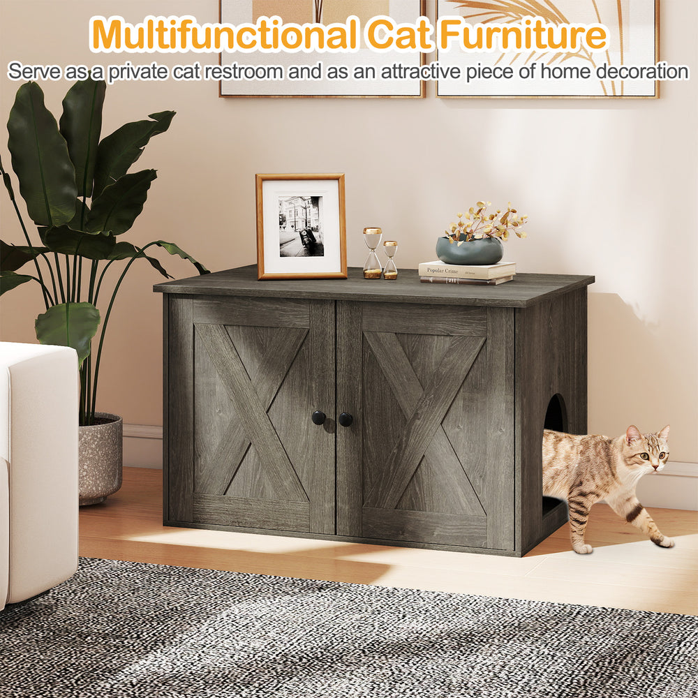Hidden cat litter box enclosure in oak finish, serving as a stylish side table with dual doors for easy access and.