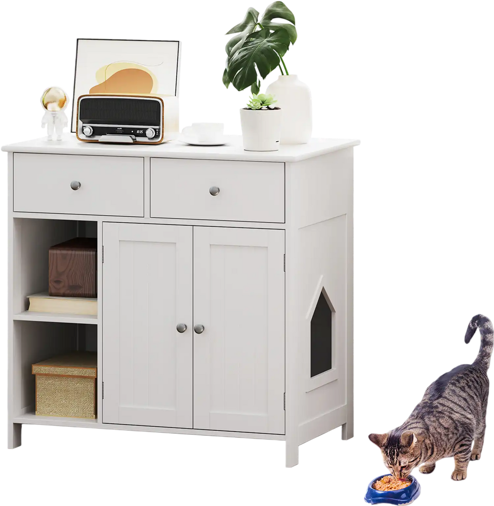 Hidden cat washroom side cabinet in white with two drawers, serving as a stylish pet house and side table.