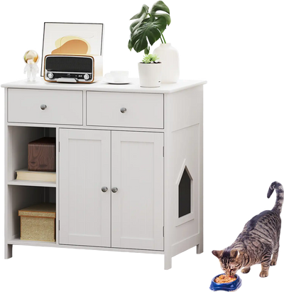 Costway Hidden Cat Washroom Side Cabinet Pet House 2 Drawers White 254891367 New