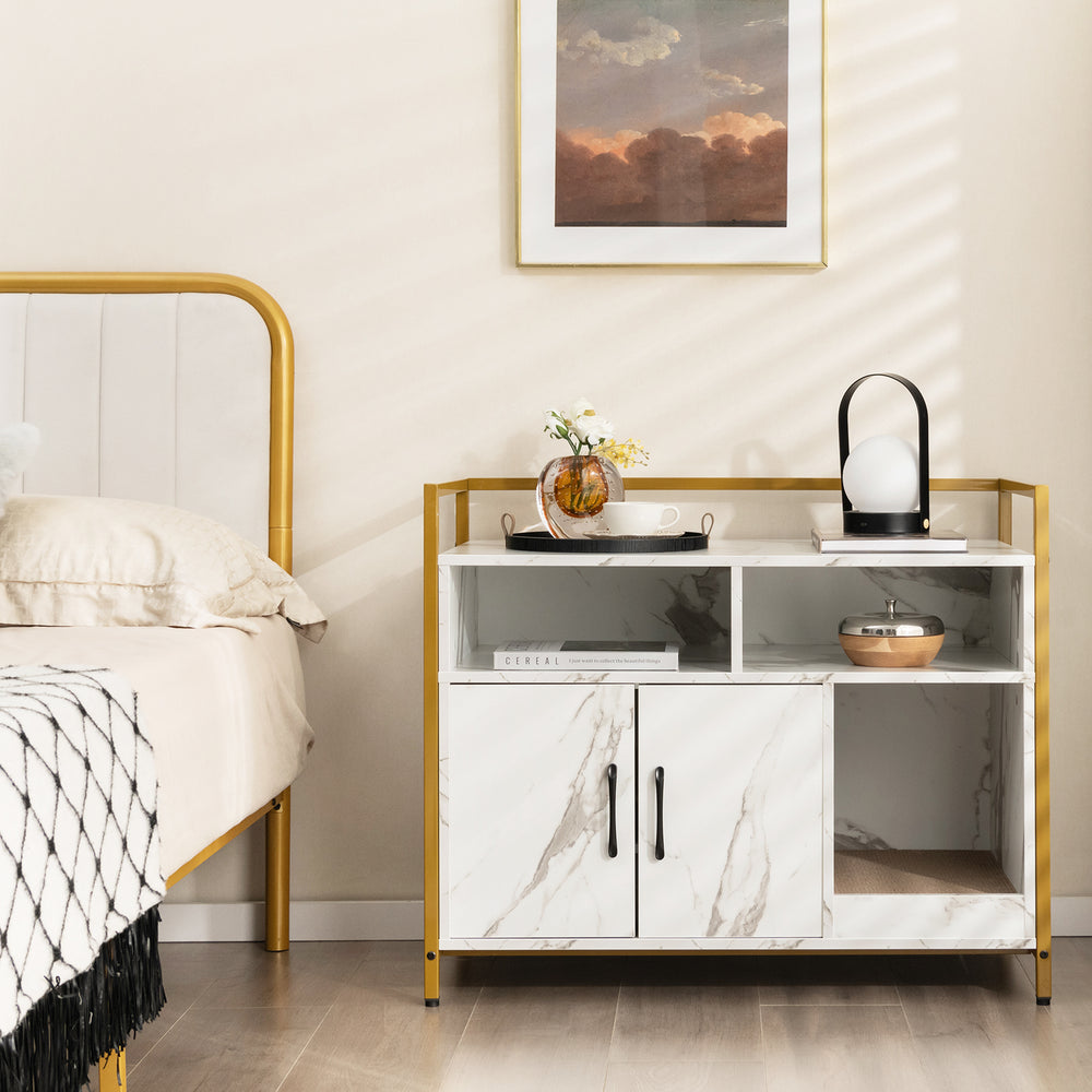 Double door cat washroom with scratch cardboard, marble finish, and gold metal frame, perfect for bedroom or living.