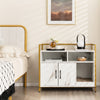 Double door cat washroom with scratch cardboard, marble finish, and gold metal frame, perfect for bedroom or living.