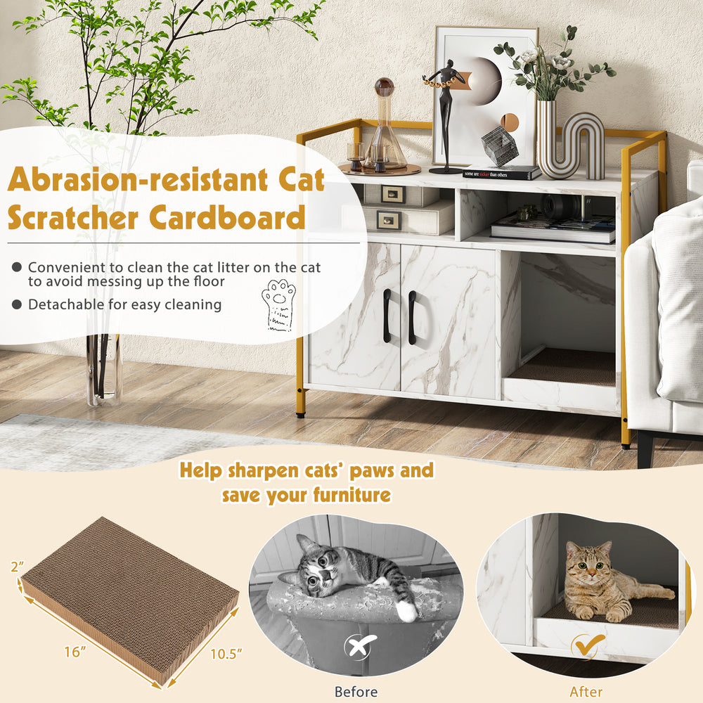 Hidden cat washroom with double doors and scratch cardboard, featuring a solid metal frame and spacious storage for.