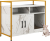 Hidden cat washroom with double doors, white marble finish, and scratch cardboard, ideal for litter box storage.