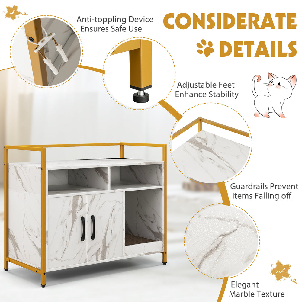 Hidden cat washroom with double doors, marble texture, and adjustable feet for stability, perfect for litter box.