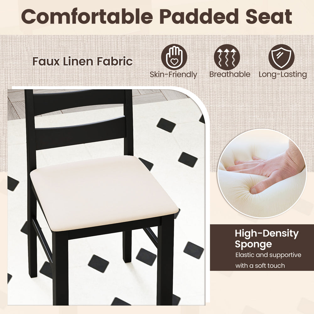 High back dining chair with padded seat in black, featuring faux linen fabric and ergonomic design for comfort.