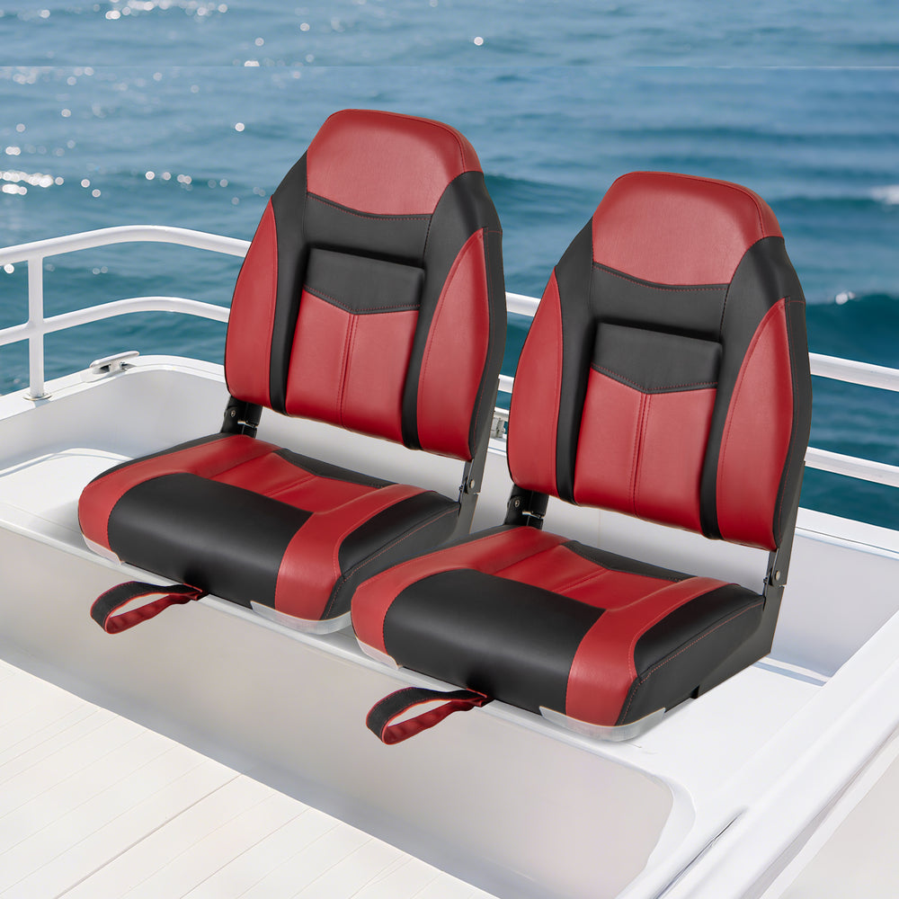 High back folding boat seat set in red and black with sponge cushion, designed for comfort and durability on water.