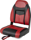 High back folding boat seat in red and black, featuring a padded cushion and ergonomic design for comfort and support.