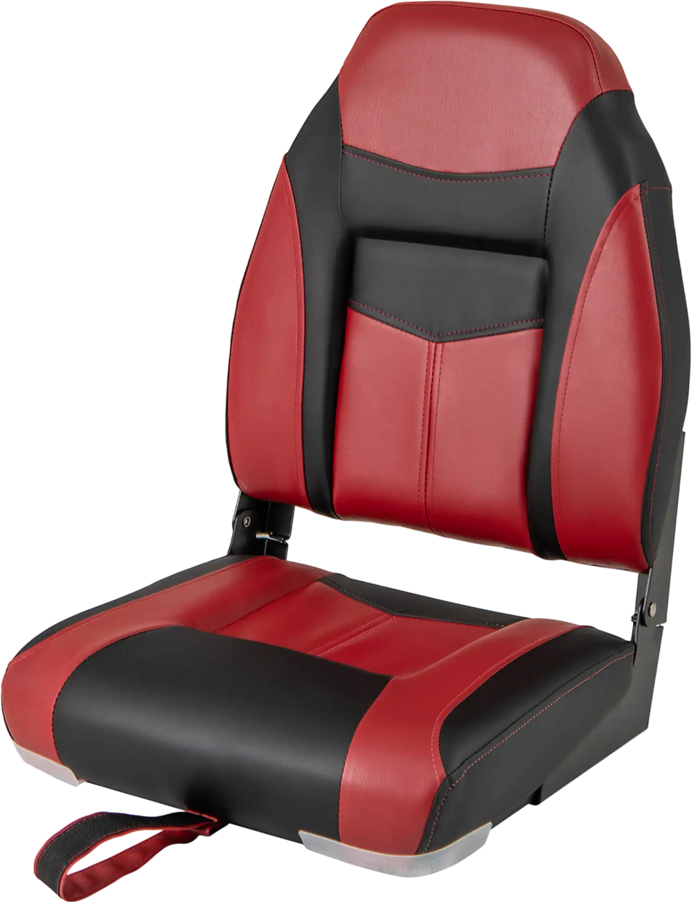 High back folding boat seat in red and black, featuring a padded cushion and ergonomic design for comfort and support.