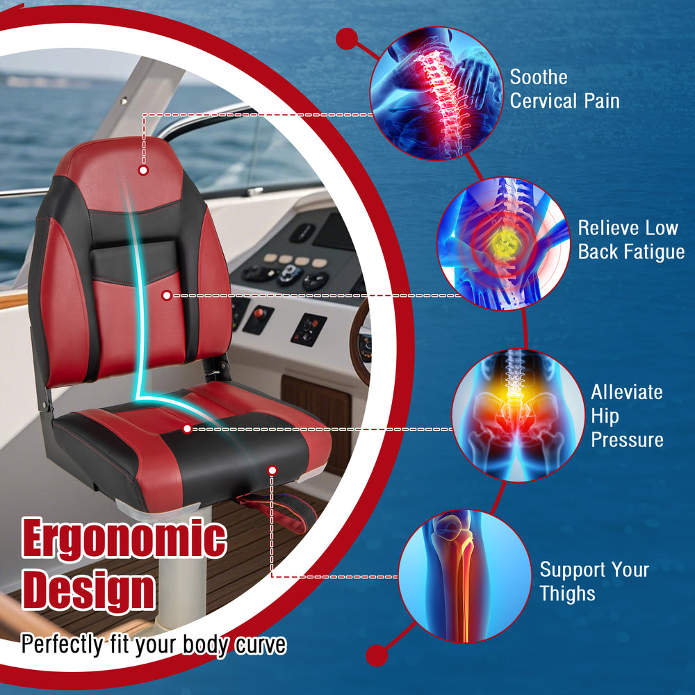 High back folding boat seat with ergonomic design, soft padded cushion, and durable waterproof PVC for outdoor use.