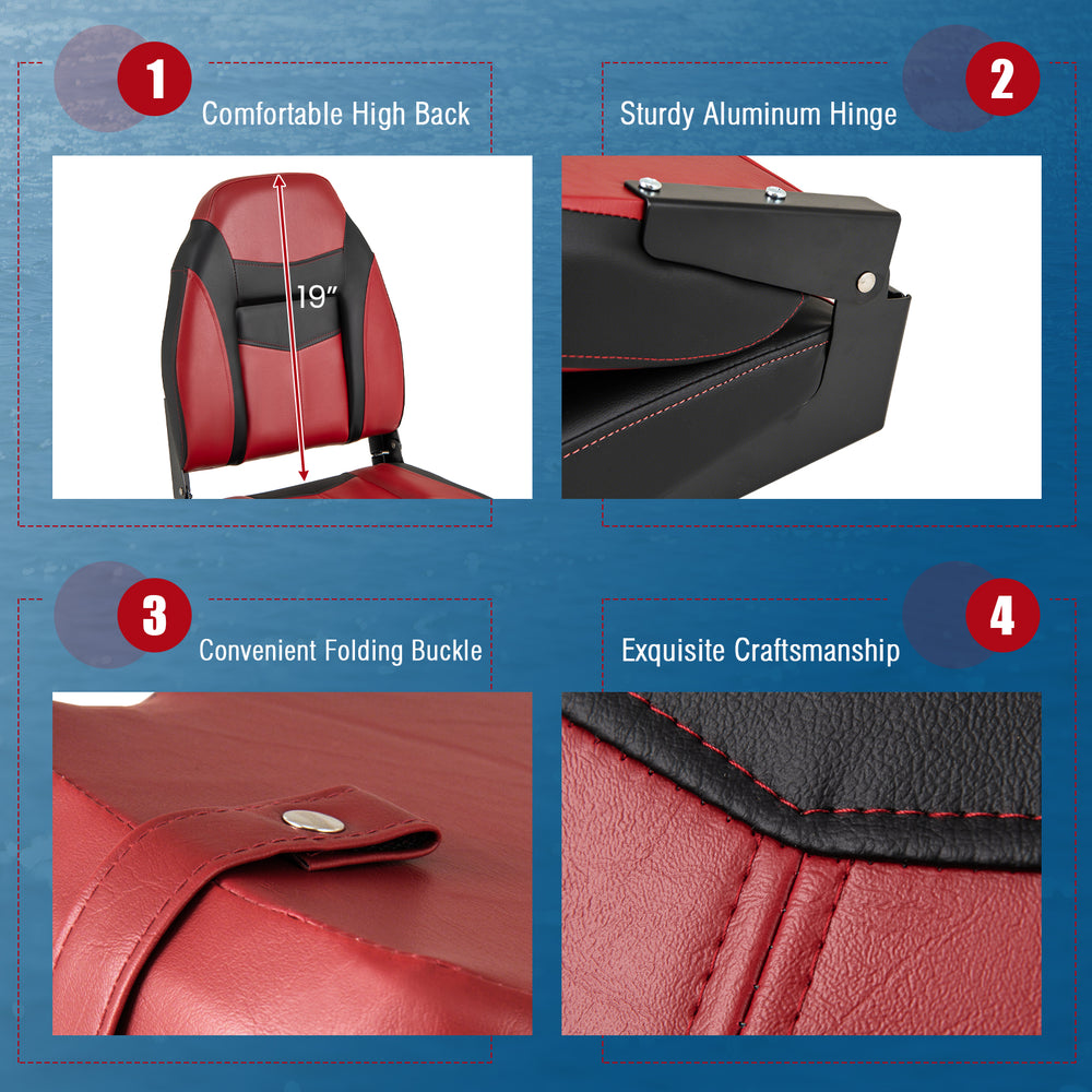 High back folding boat seat with sponge cushion, featuring aluminum hinges and durable waterproof PVC for outdoor use.