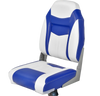 High back folding boat seat in blue and white with padded cushion, aluminum hinges, and ergonomic support for comfort.