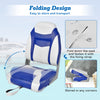 High back folding boat seat in blue and white with sponge cushion, featuring aluminum hinges for easy storage and.