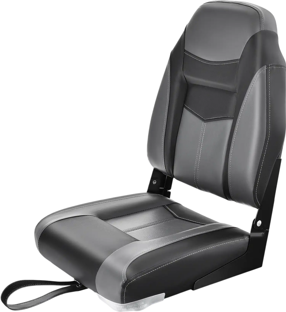 High back folding boat seat in black and grey with sponge cushion, featuring aluminum hinges for sturdy support.