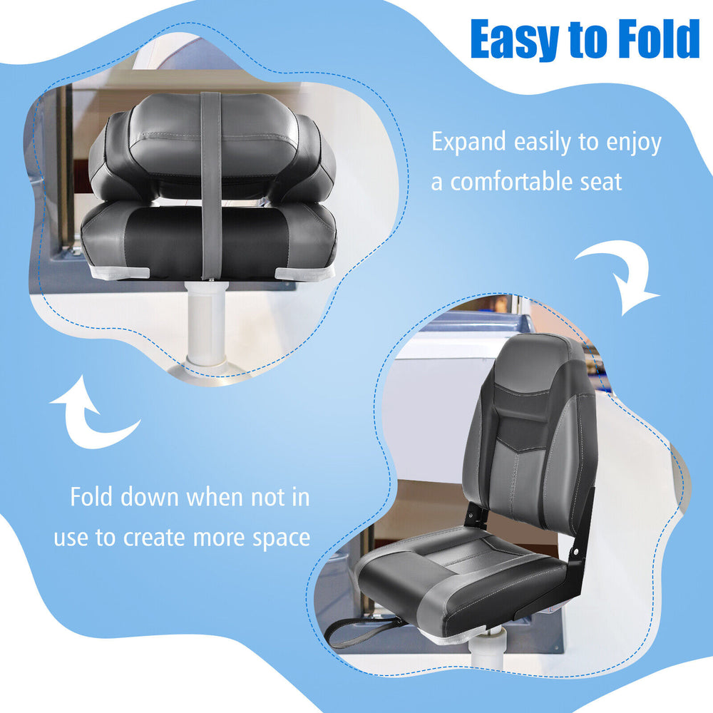 High back folding boat seat in black and grey with sponge cushion, showcasing its easy fold design for space-saving.
