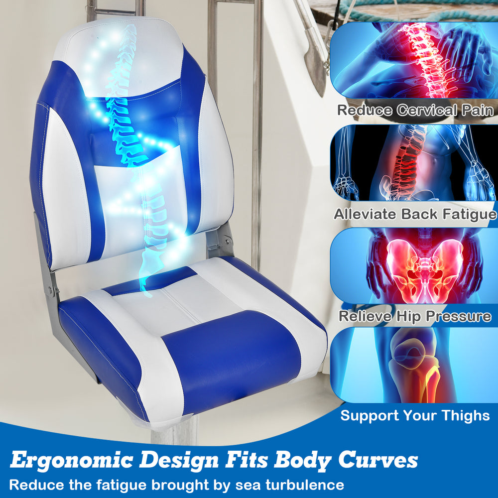 High back folding boat seat with blue and white sponge cushion, ergonomic design for comfort and support on the water.