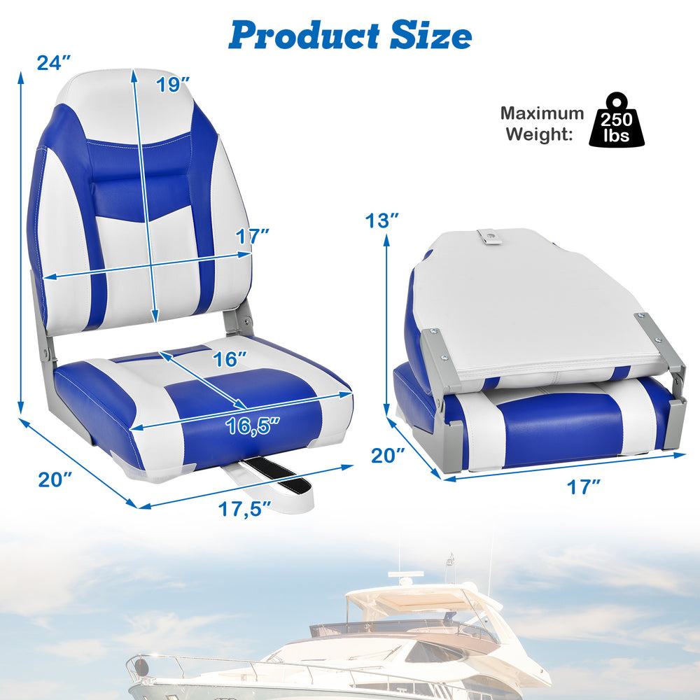 High back folding boat seat with blue and white sponge cushion, featuring aluminum hinges and waterproof PVC for.