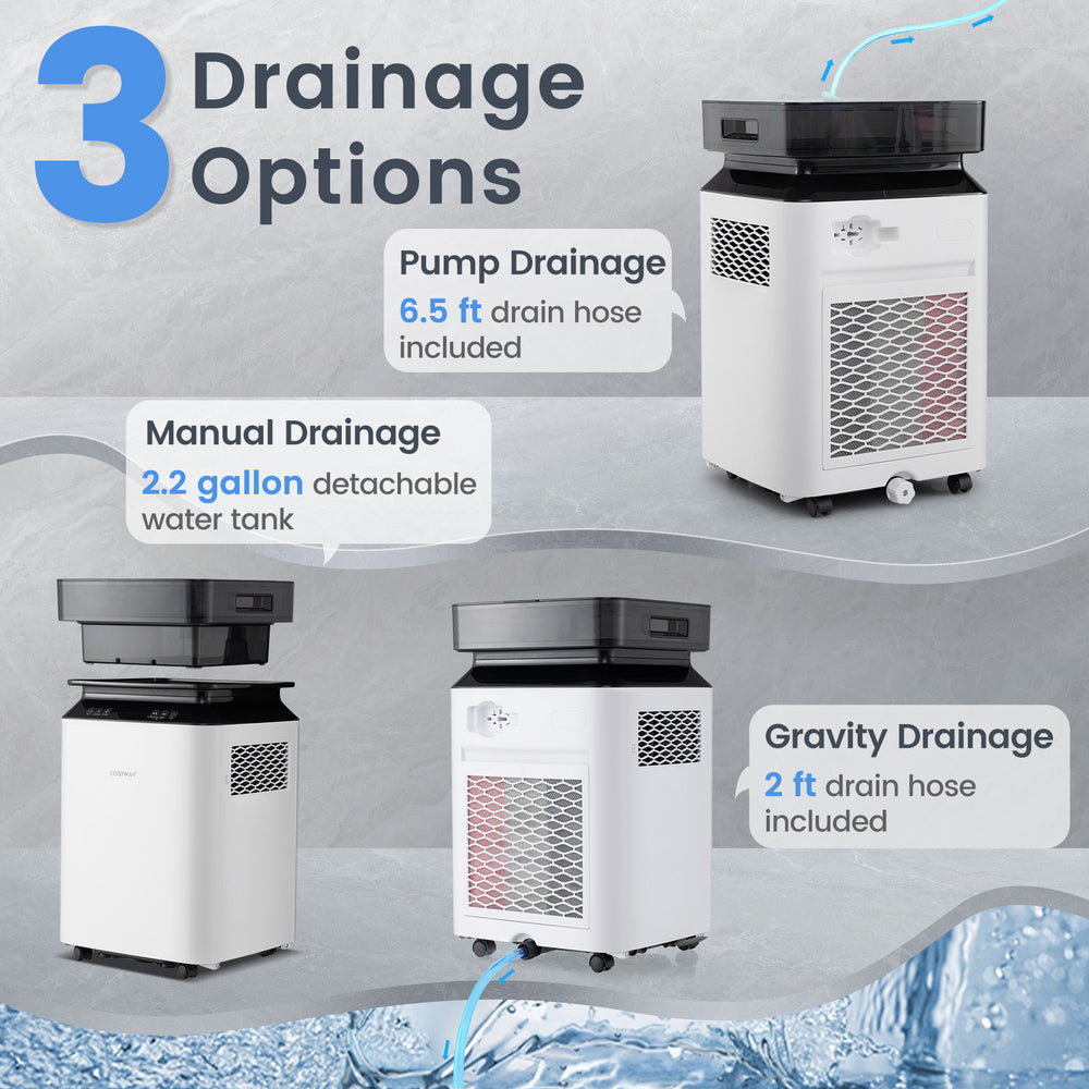 Dehumidifier with three drainage options: pump, manual, and gravity, featuring a touch panel and 24-hour timer for home.