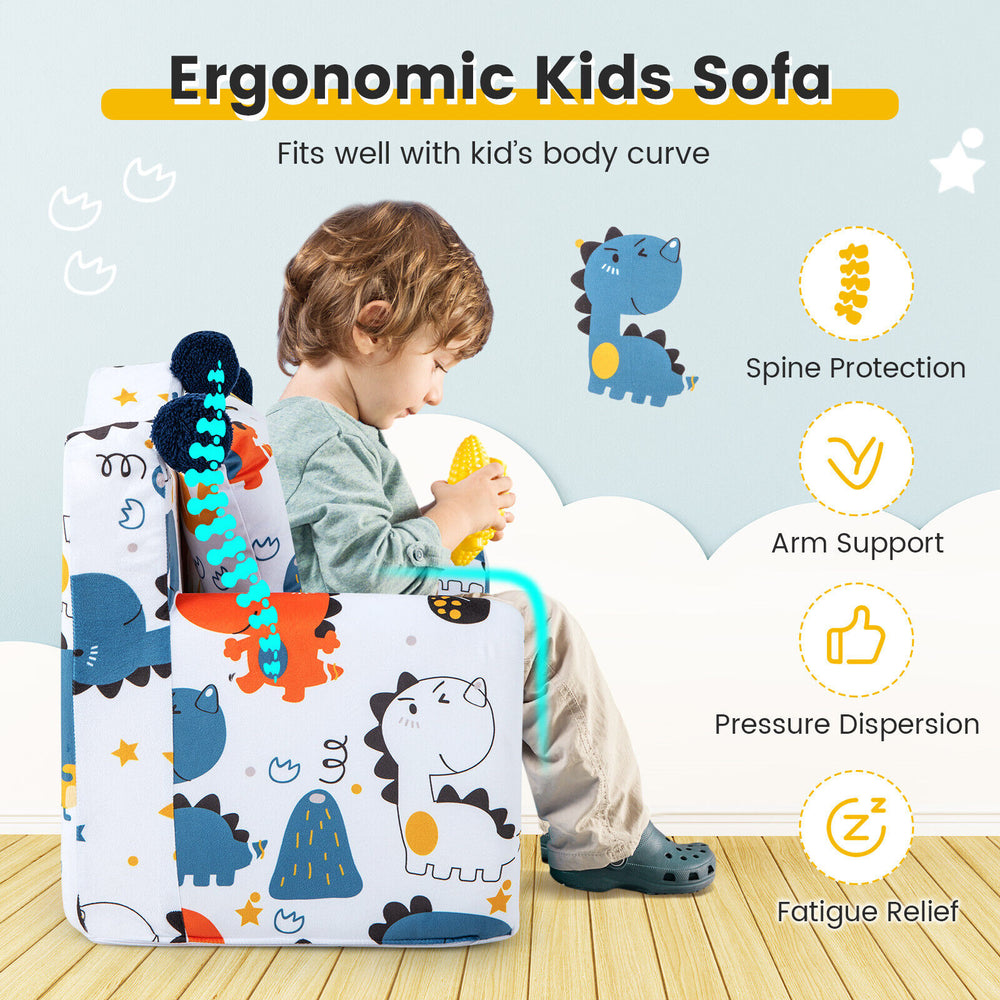 Ergonomic kids sofa in blue with armrest, high-density padding for spine protection, perfect for playrooms and reading.