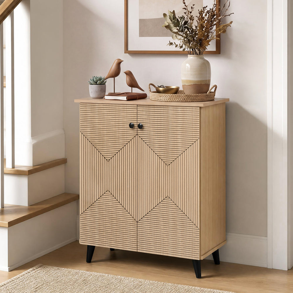 Freestanding 2-door geometric cabinet with carved panels, perfect for footwear storage in entryways or hallways.