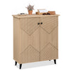 Freestanding geometric cabinet with carved panels, featuring two doors and ample storage for footwear in a natural finish.