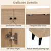 Geometric cabinet featuring carved panels, soft-close hinges, and robust metal legs for stylish footwear storage.