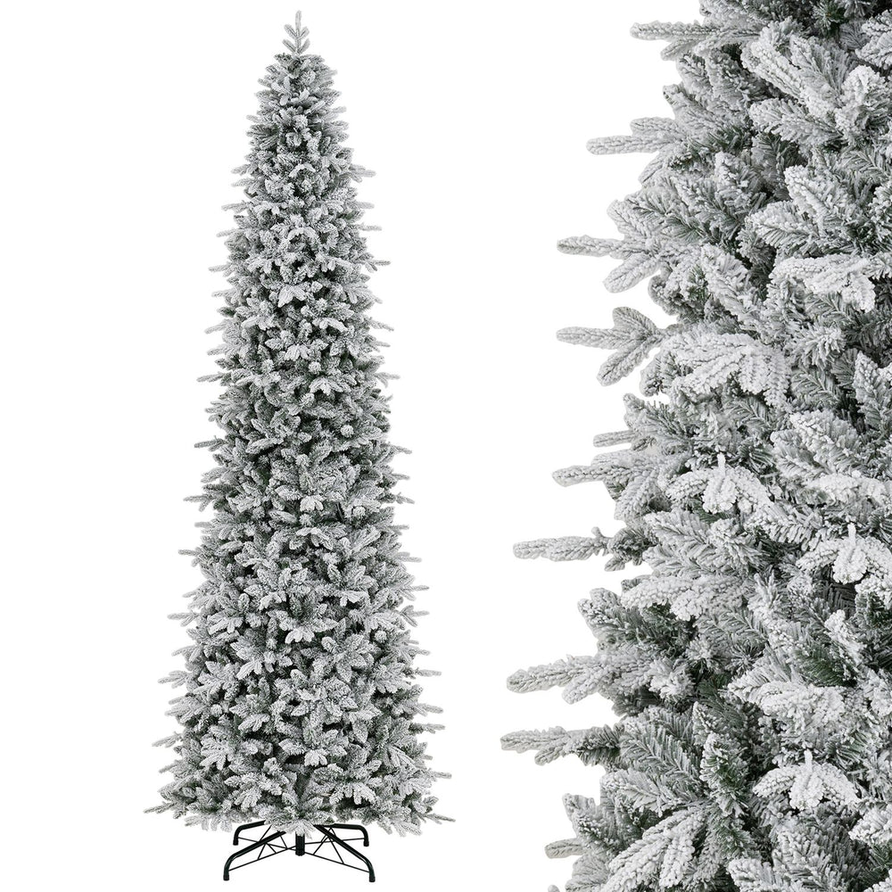 Close-up of the 12 ft hinged artificial spruce Christmas tree showcasing the wintry white flocking and lush branch tips.