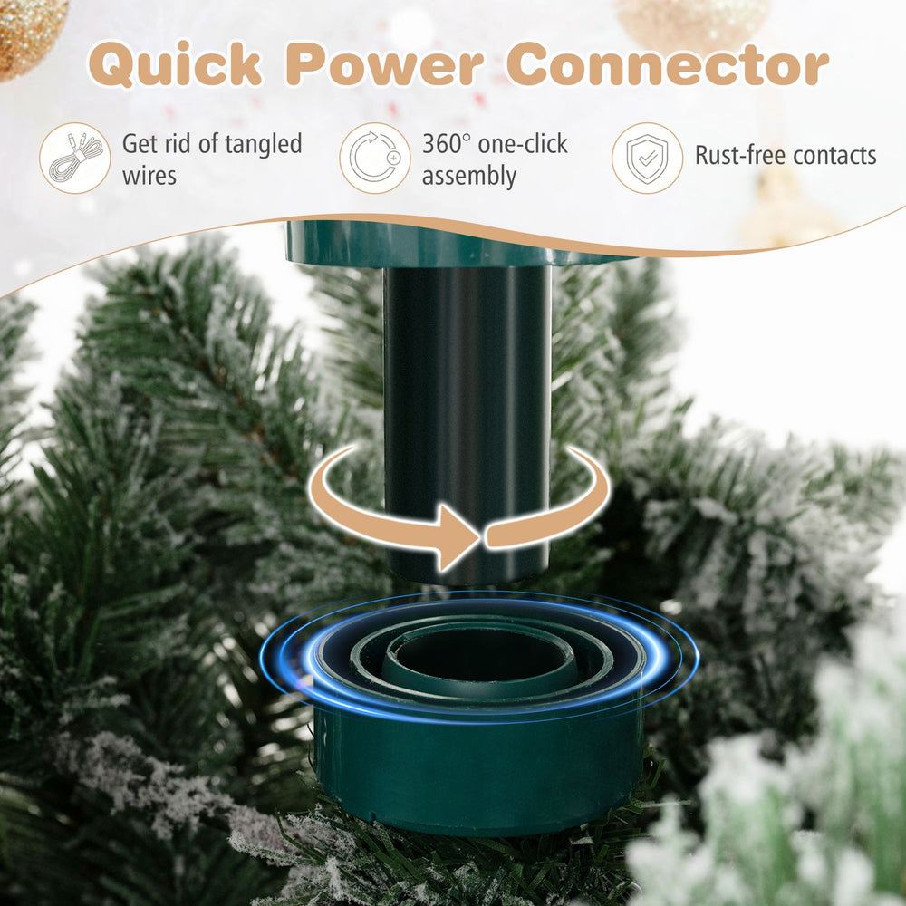 Quick power connector for the 12 ft hinged artificial spruce Xmas tree with 1020 warm white LED lights and lush branch tips.