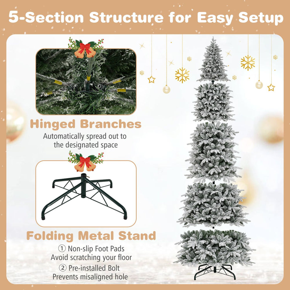 Hinged artificial spruce Xmas tree with 3235 branch tips and 1020 warm white LED lights for a stunning holiday display.
