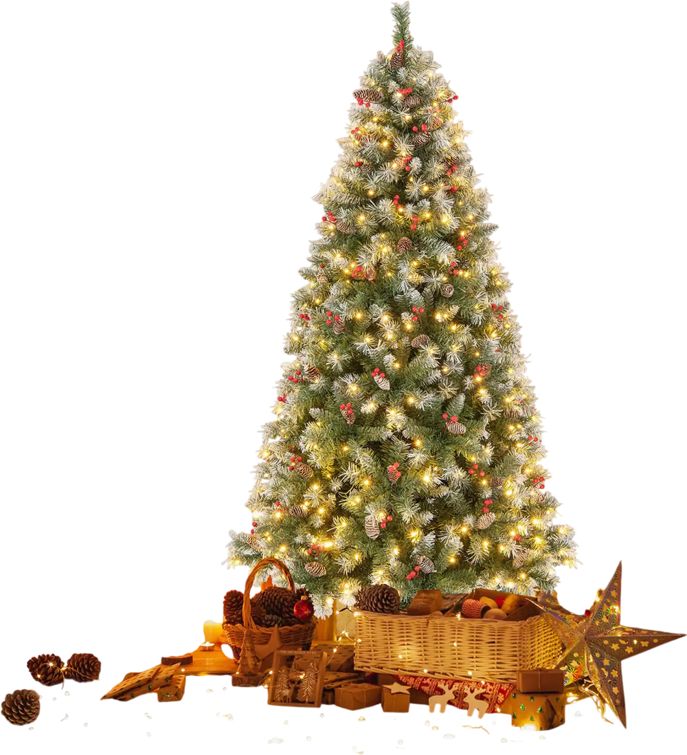 Snowy 6.5 ft hinged Christmas tree with 450 branch tips and 200 warm white LED lights, perfect for festive home decor.
