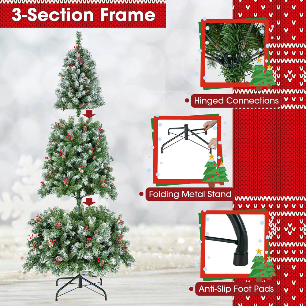 Hinged Christmas tree with 450 PVC branch tips and 200 warm white LED lights, featuring a sturdy folding metal stand.