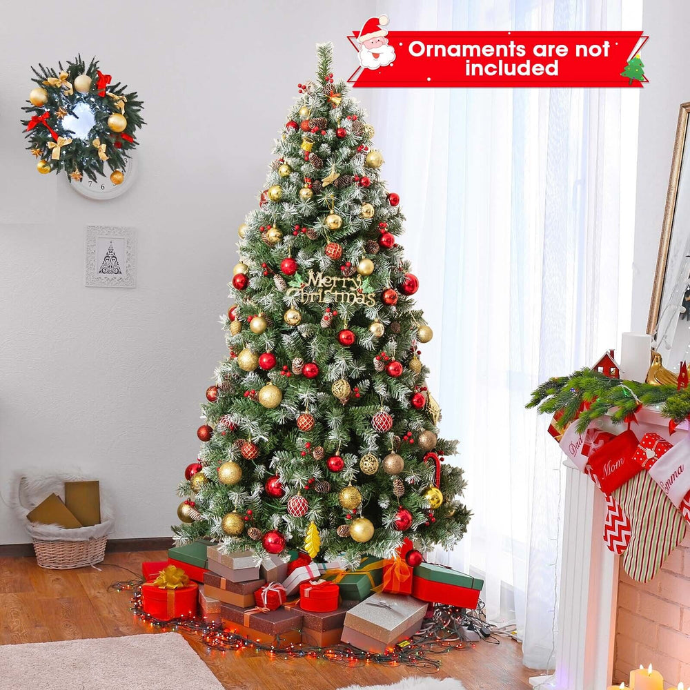 Hinged 6.5 ft Christmas tree with 450 PVC branch tips and 200 warm white LED lights, perfect for festive decoration.