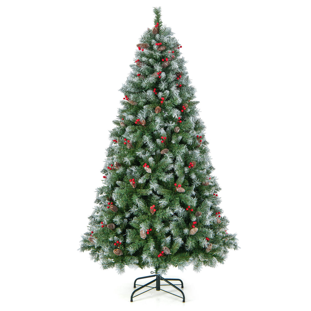 Hinged 6.5 ft Christmas tree with 450 snowy branch tips, 200 warm white LED lights, and red berries for festive decor.
