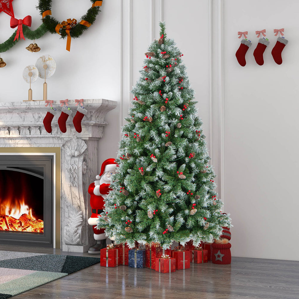 Hinged 6.5 ft Christmas tree with 450 snowy branch tips and 200 warm white LED lights, perfect for festive home decor.
