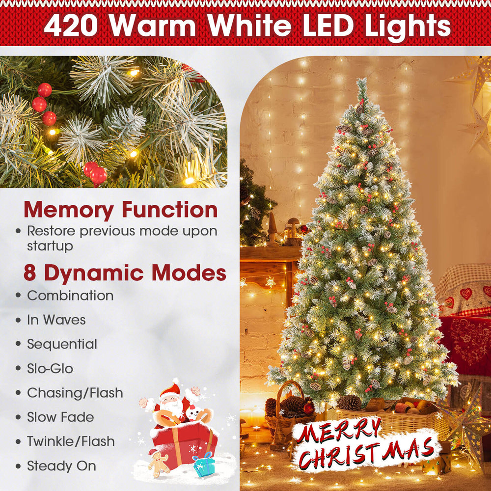 Hinged Christmas tree with 450 PVC branch tips and 200 warm white LED lights, featuring 8 dynamic lighting modes.