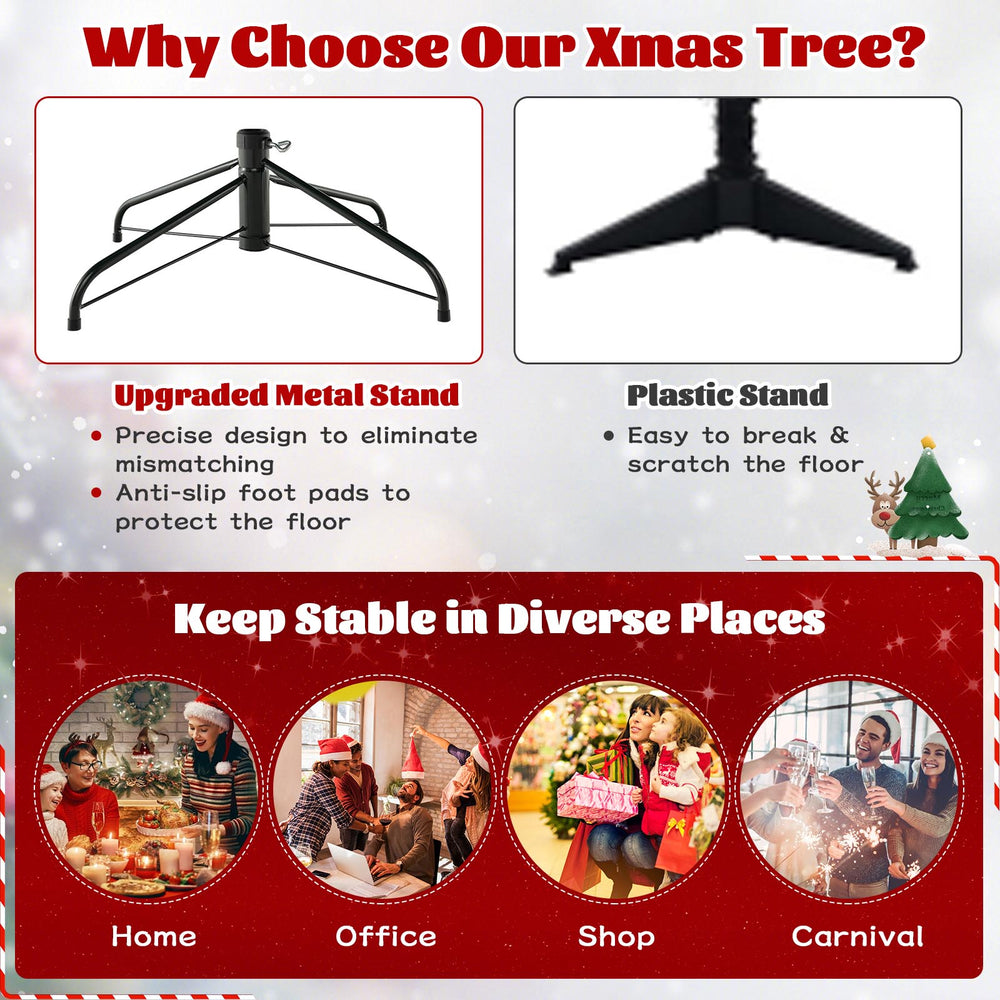 7 ft hinged Christmas tree with PVC branch tips and warm white LED lights, featuring an upgraded metal stand for.
