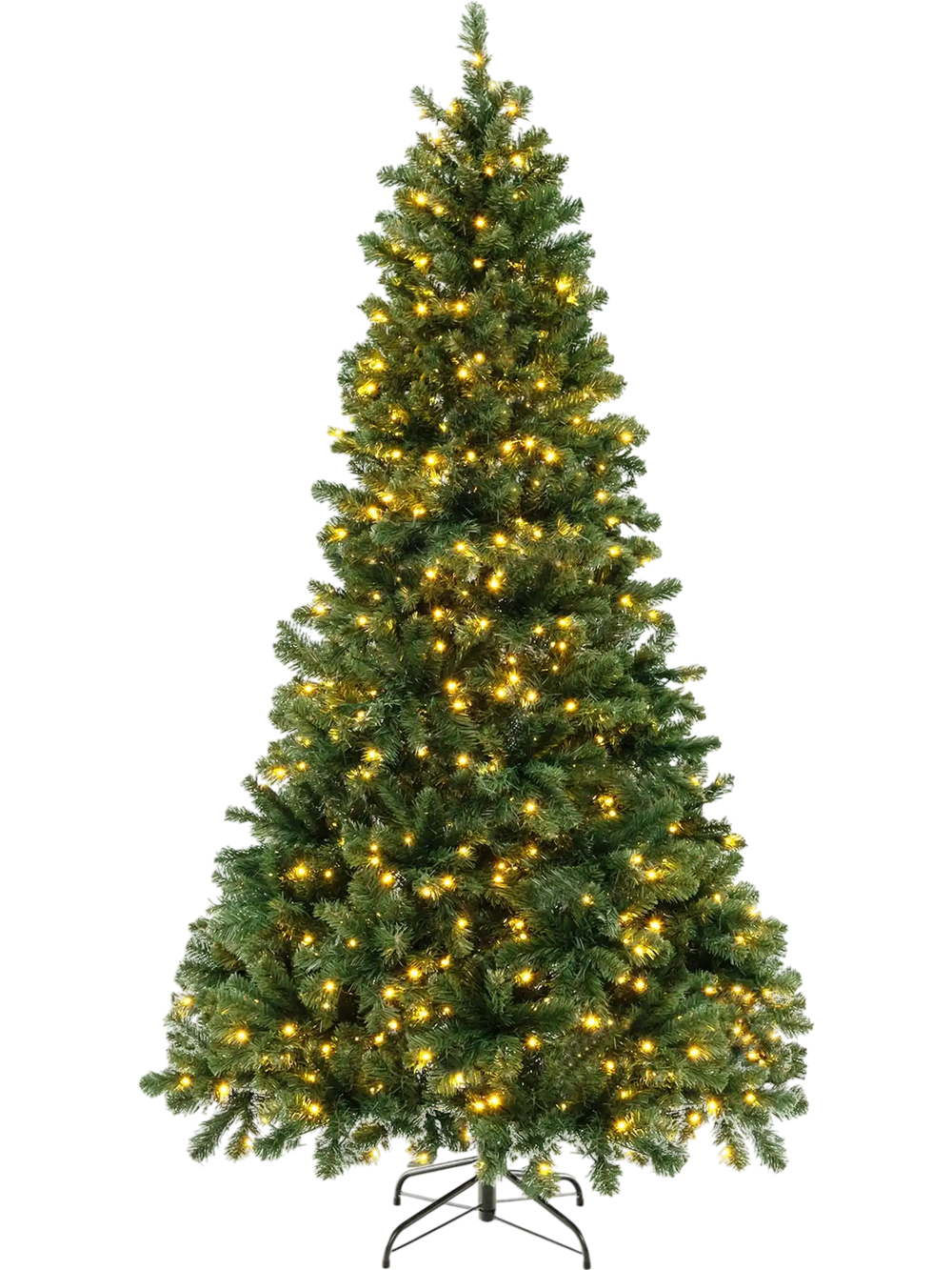7 ft hinged Christmas tree with PVC branch tips and warm white LED lights, perfect for holiday decoration in any.