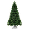 7 ft hinged Christmas tree with PVC branch tips and warm white LED lights, perfect for festive home or office.