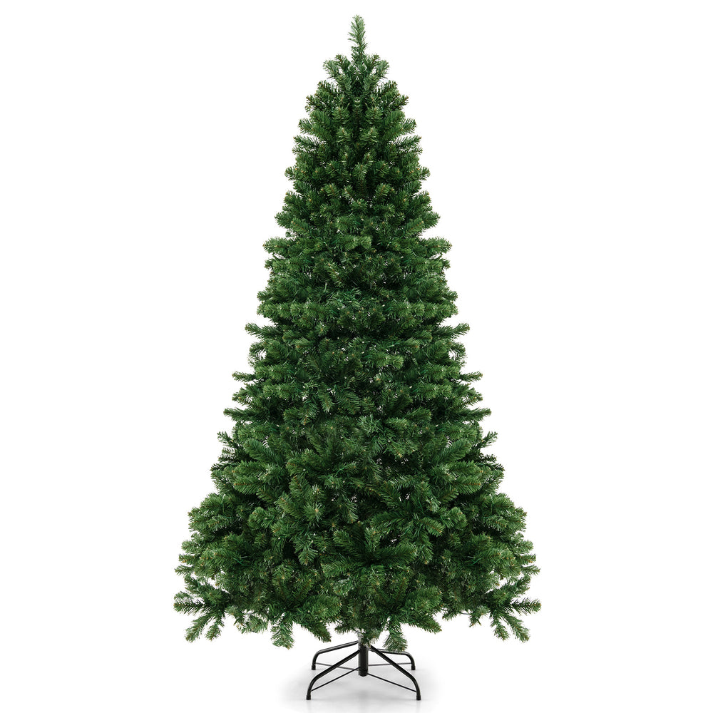 7 ft hinged Christmas tree with PVC branch tips and warm white LED lights, perfect for festive home or office.