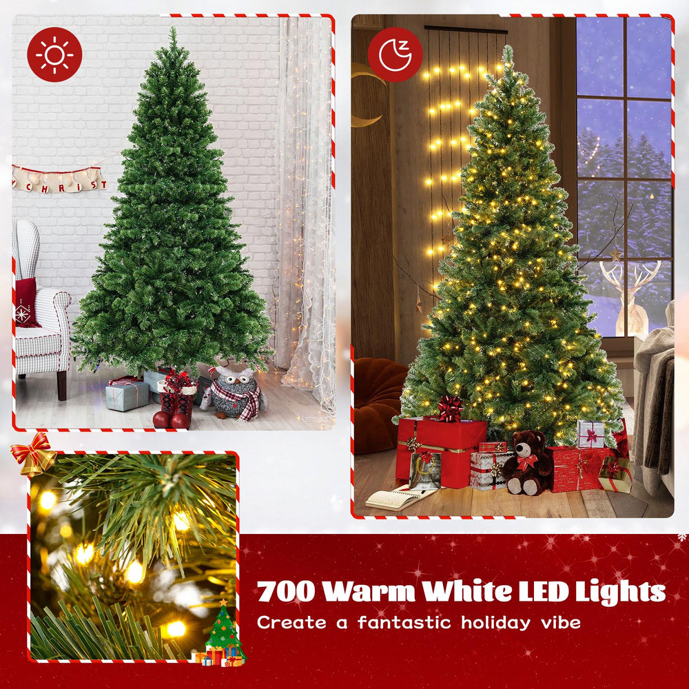 7 ft hinged Christmas tree with 700 warm white LED lights and PVC branch tips, perfect for holiday decor in any setting.
