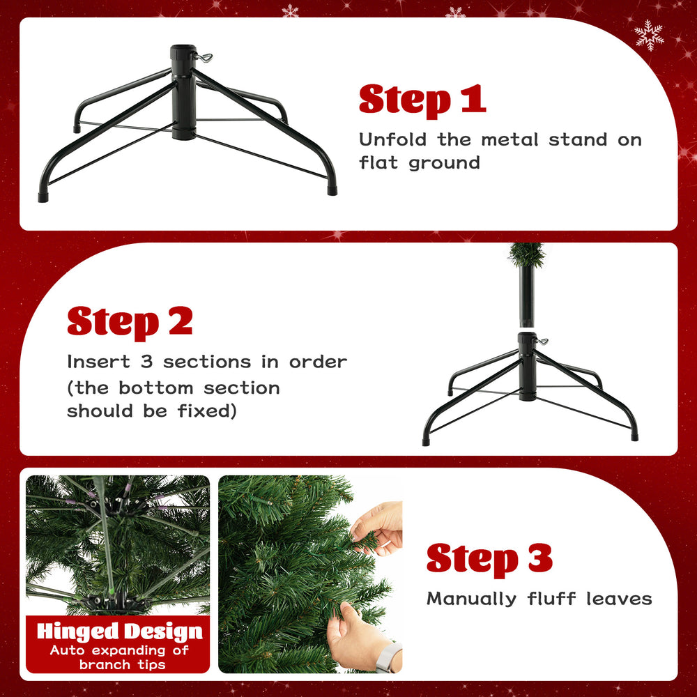 Hinged design of a 7 ft Christmas tree with PVC branch tips and warm white LED lights, perfect for holiday decoration.
