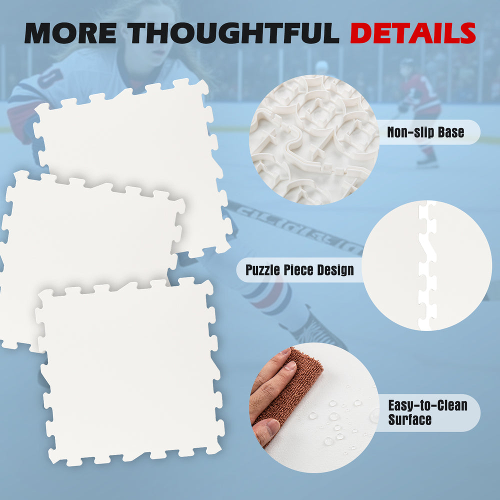 Hockey flooring tiles in white, featuring a non-slip base and puzzle piece design for easy assembly and cleaning.