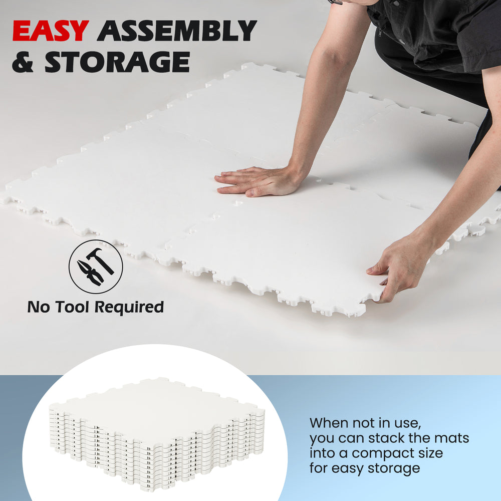 Hockey flooring tiles in white, showcasing easy puzzle-like assembly and compact storage for training and practice.