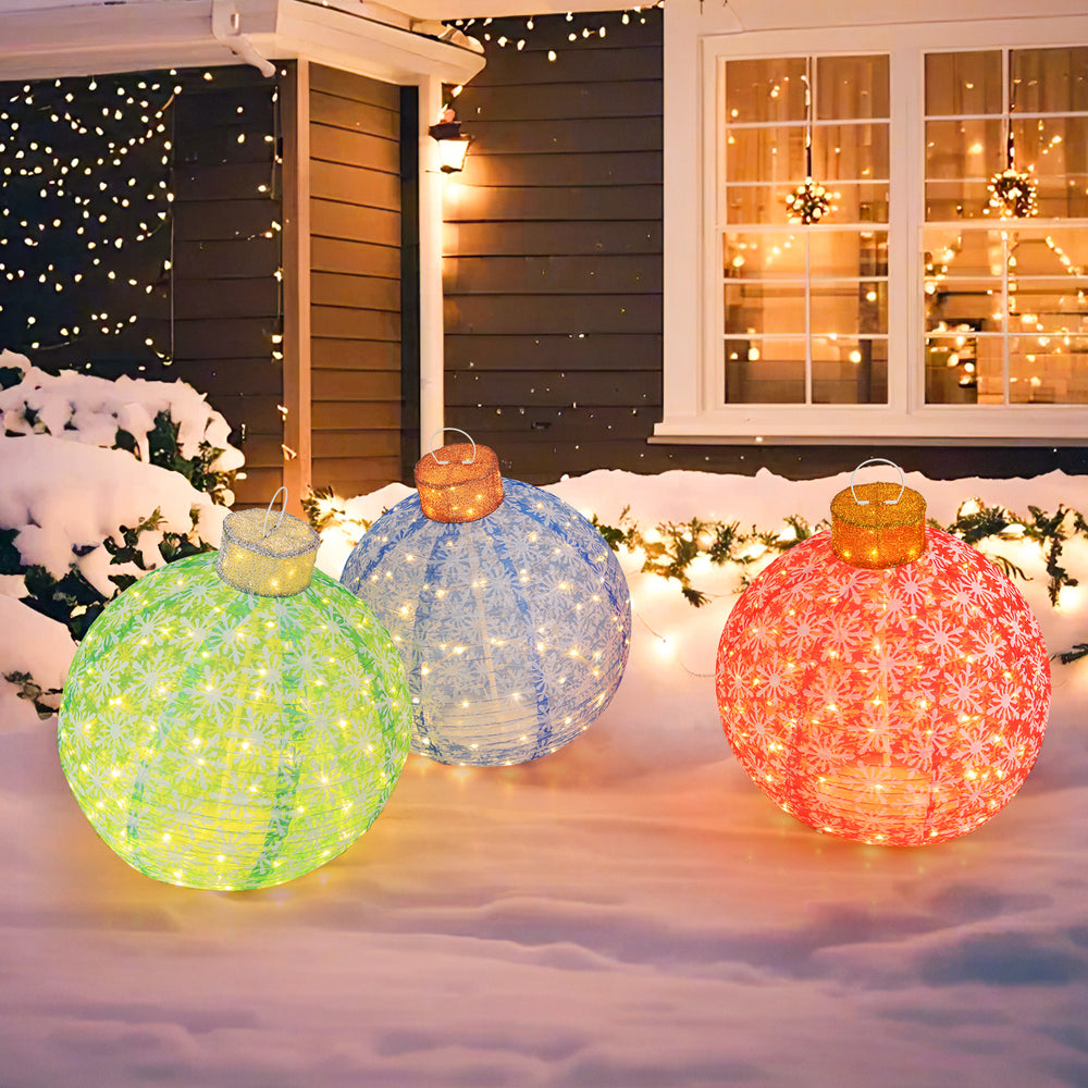Colorful 3-piece pre-lit Christmas ball set with snowflake patterns and warm white LED lights for festive outdoor decor.
