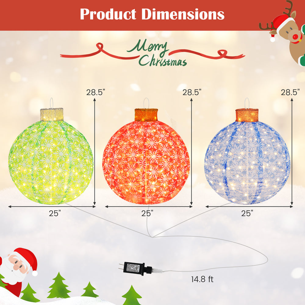 Three pre-lit Christmas balls in red, green, and blue with snowflake patterns, perfect for festive indoor and outdoor.