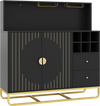 Black home bar cabinet featuring a wine rack, glass holder, adjustable shelf, and two large drawers for ample storage.
