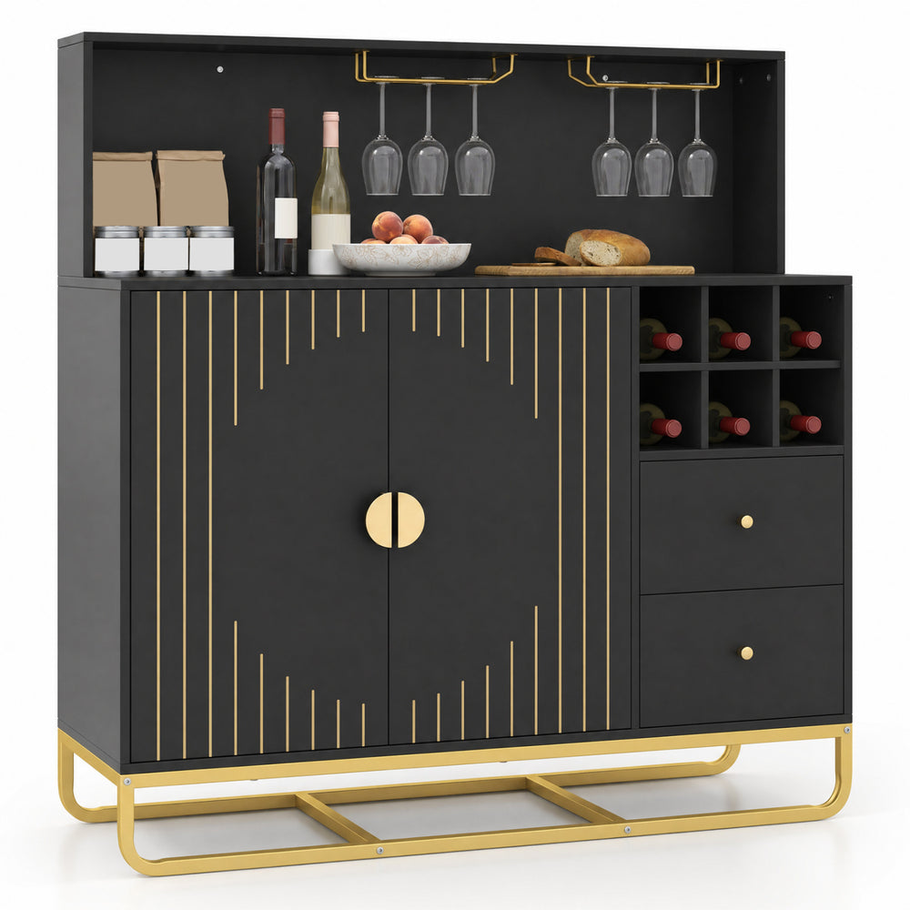 Home bar cabinet in black with gold accents features wine rack, glass holder, adjustable shelf, and ample storage space.