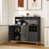 Home bar cabinet in black with wine rack, glass holder, and adjustable shelf for stylish storage in any room.